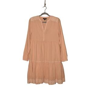 REPEAT NEW $313 Embroidered Cotton Tiered Long Sleeve Dress Peach 36 / XS